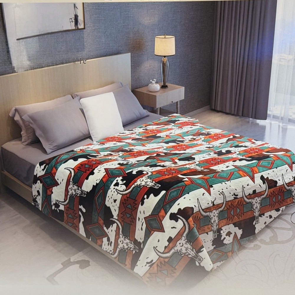 New king size flannel soft thick blanket bull skulls and geometric pattern